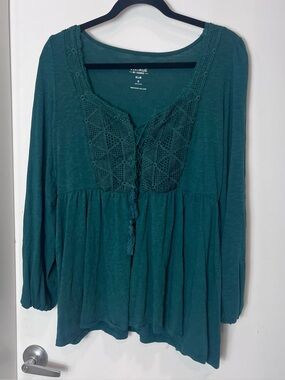 Torrid Vintage Slub Teal Crochet-Front Women's Peasant Blouse Size 0 Large